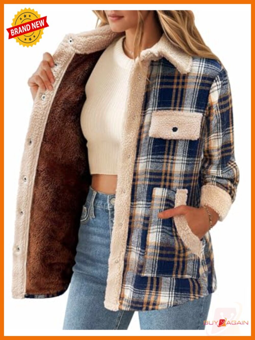 Fleece Lined Plaid Snap Button Shacket Loose Fit Sherpa Jacket